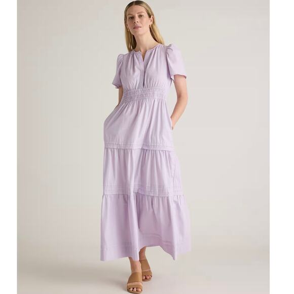 Quince Cotton Poplin Tiered Maxi Dress in Pastel Lilac Short Sleeve Size Large - Picture 1 of 15